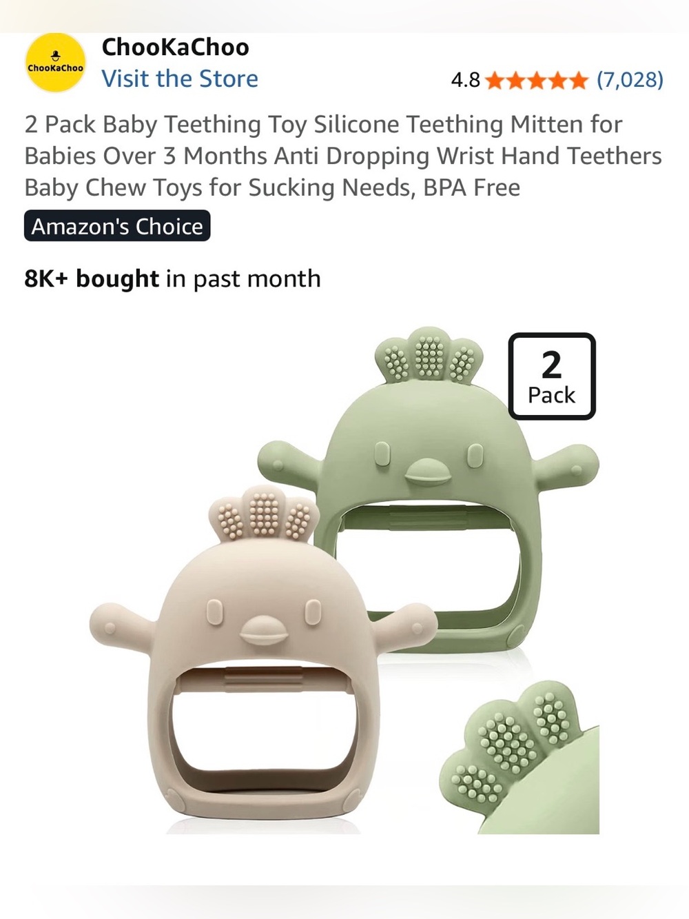 chooka Silicone Baby Teething Mittens in Sage Green & Cream - 2 Pack